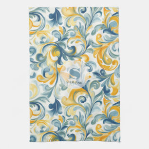 Paño De Cocina Patrón de hoja azul y paisley dorada