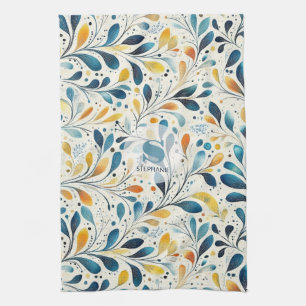 Paño De Cocina Patrón de hojas de paisley azul y dorada (2)