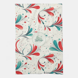 Paño De Cocina Patrón de hojas de paisley azul y roja caprichosas