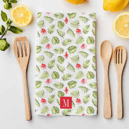 Paño De Cocina Patrón de hojas de palma tropicales con monograma 