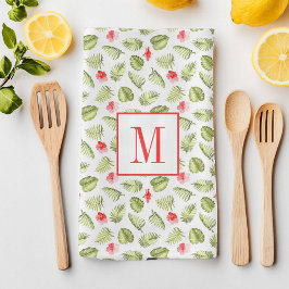 Paño De Cocina Patrón de hojas de palma tropicales con monograma 
