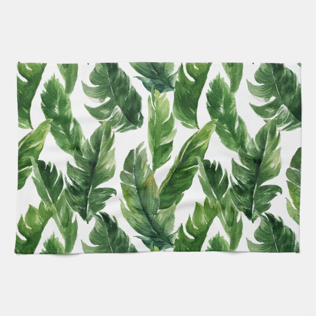 Paño De Cocina Patrón de hojas de vegetación tropical acuarela (Horizontal)