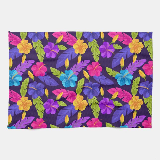 Paño De Cocina Patrón de hojas y flores tropicales-23857 (Horizontal)