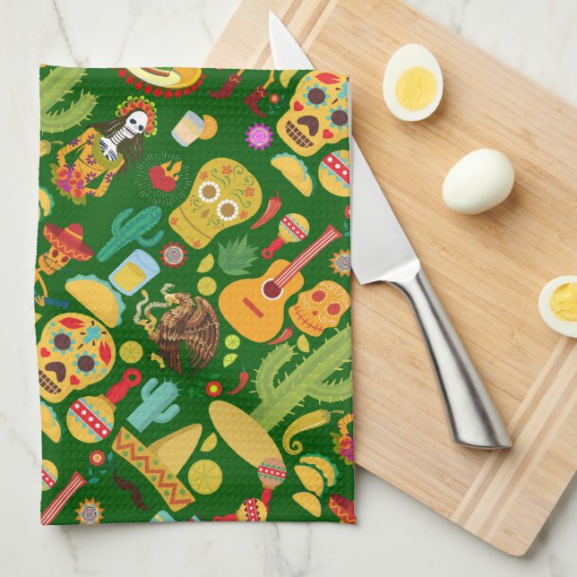 Paño De Cocina Patrón de iconos mexicanos (Doblado Cuarto)