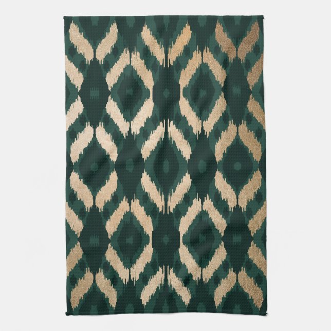 Paño De Cocina Patrón de Ikat Verde Bohemio Gold Forest (Vertical)