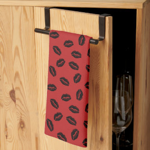 Paño De Cocina Patrón de labios negros en fondo rojo