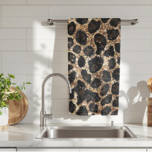 Paño De Cocina Patrón de leopardo negro marrón dorado con brillo