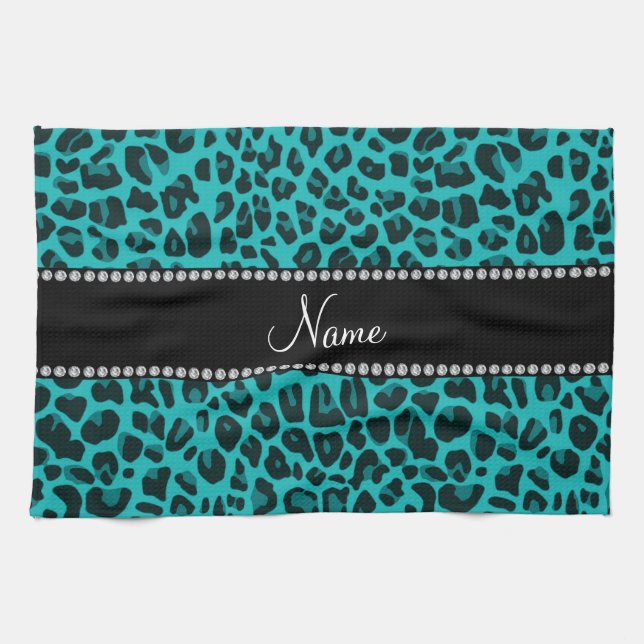Paño De Cocina Patrón de leopardo turquesa de nombre personalizad (Horizontal)