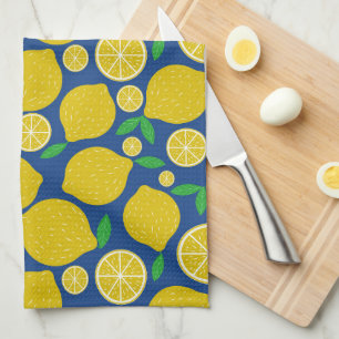 Paño De Cocina Patrón de limón amarillo en azul