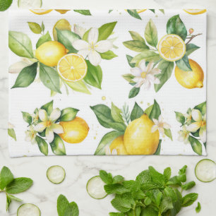 Paño De Cocina Patrón de limón, flores de limón, hojas, cítricos