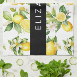 Paño De Cocina Patrón de limón, flores de limón, hojas, tu nombre