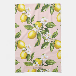 Paño De Cocina Patrón de limón y flores de época sobre rosa (2)