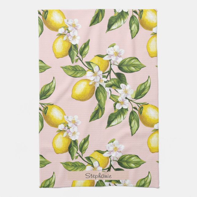 Paño De Cocina Patrón de limón y flores de época sobre rosa (2) (Vertical)