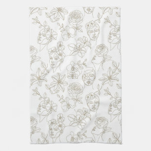 Paño De Cocina Patrón de línea de cara floral vintage en blanco y