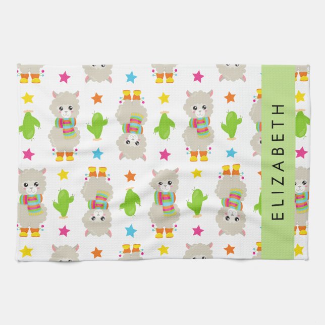 Paño De Cocina Patrón De Llamas, Alpacas, Cactus, Tu Nombre (Horizontal)