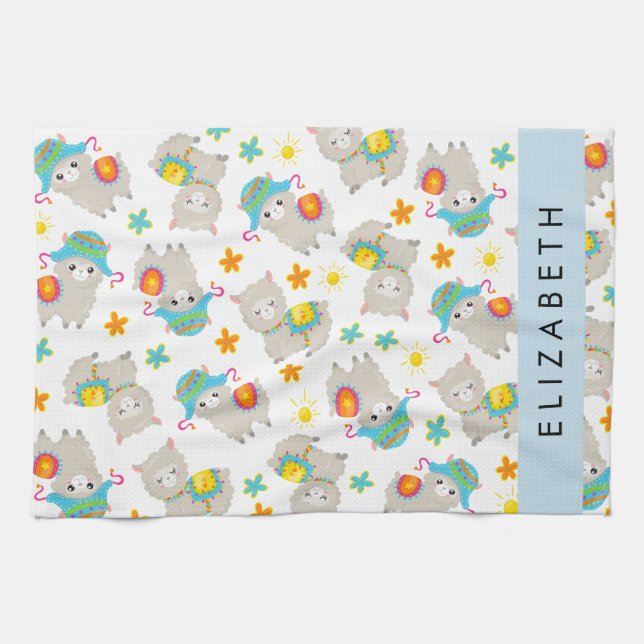 Paño De Cocina Patrón De Llamas, Alpacas, Flores, Tu Nombre (Horizontal)