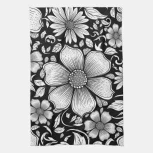 Paño De Cocina Patrón de lujo floral monocromo chic (6)