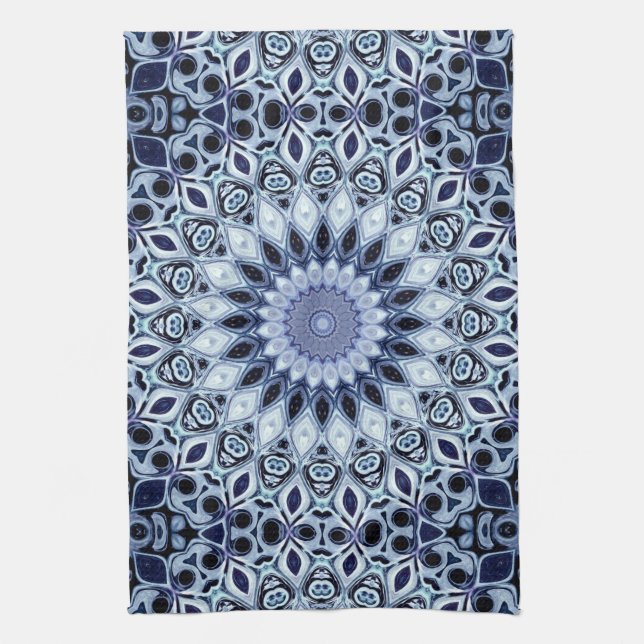 Paño De Cocina Patrón de Mandala de Caleidoscopio Azul y Blanco (Vertical)