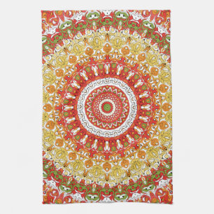 Paño De Cocina Patrón de Mandala de Fiesta en Rojo, Amarillo y Ve