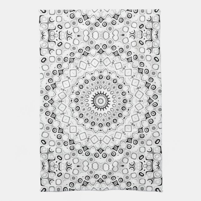 Paño De Cocina Patrón de Mandala Geométrico Blanco y Negro (Vertical)