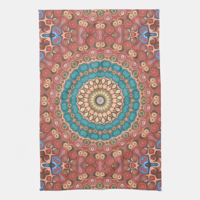 Paño De Cocina Patrón de Mandala Geométrico de Turquesa y Terraco (Vertical)