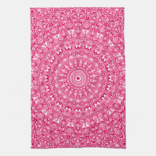 Paño De Cocina Patrón de Mandala Rosa Brillante y Blanco