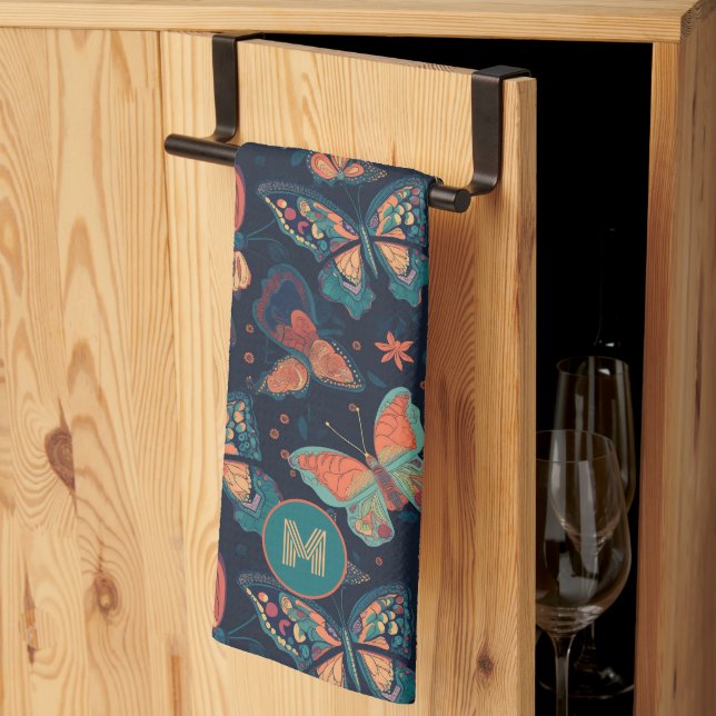 Paño De Cocina Patrón de mariposa monograma personalizado (Pliegue de tercios)