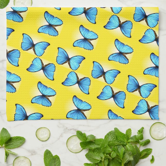 Paño De Cocina Patrón de mariposas azules en amarillo (Doblado)