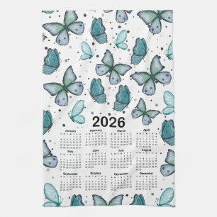 Paño De Cocina Patrón de mariposas verdes azules del calendario 2