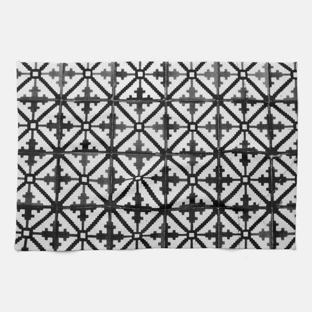 Paño De Cocina Patrón de mosaico de piso blanco y negro (Horizontal)