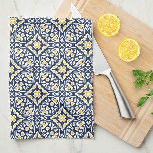 Paño De Cocina Patrón de mosaico español amarillo y naval
