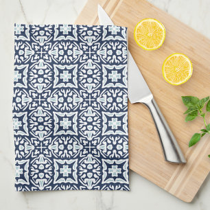 Paño De Cocina Patrón de mosaico español blanco y naval