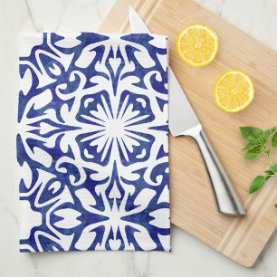 Paño De Cocina Patrón de mosaico español de color azul y blanco