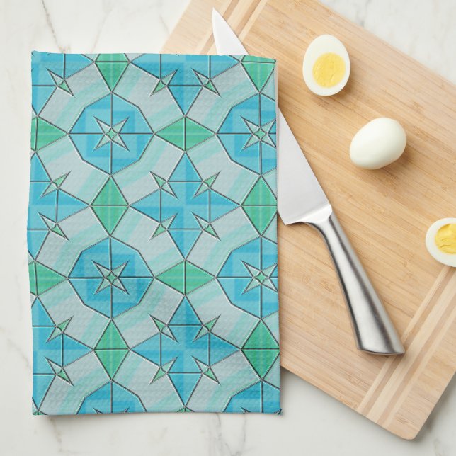 Paño De Cocina Patrón de mosaico geométrico azul y verde de Aqua (Doblado Cuarto)