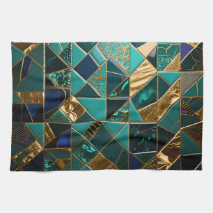 Paño De Cocina Patrón de mosaico geométrico de oro azul verdoso d