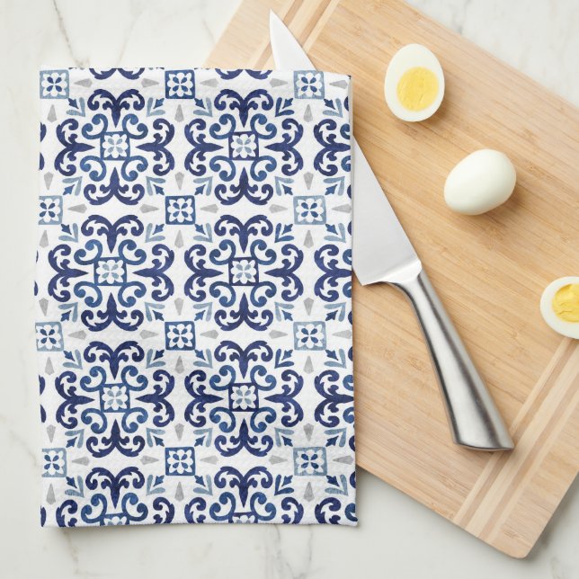 Paño De Cocina Patrón de mosaico marroquí floral azul y blanco (Doblado Cuarto)