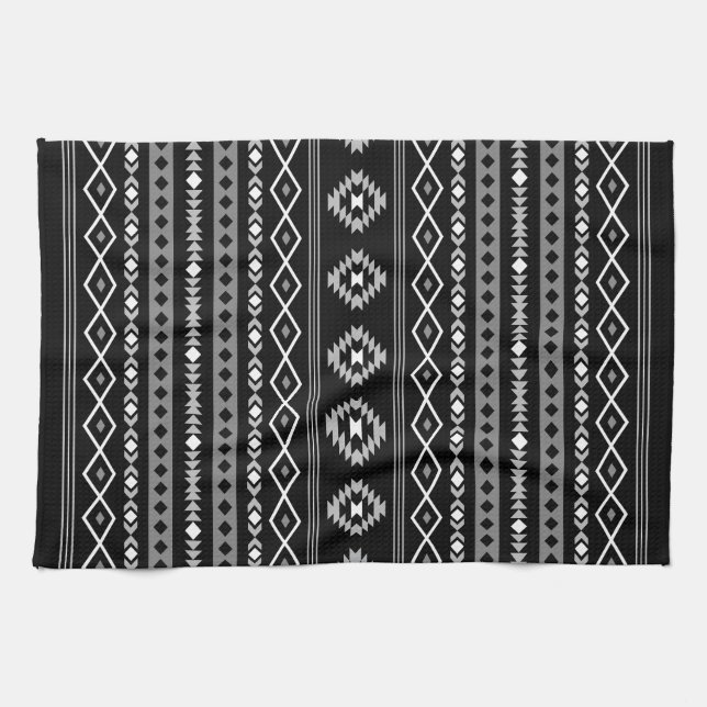 Paño De Cocina Patrón de motivos mixtos azteca blanco gris negro (Horizontal)
