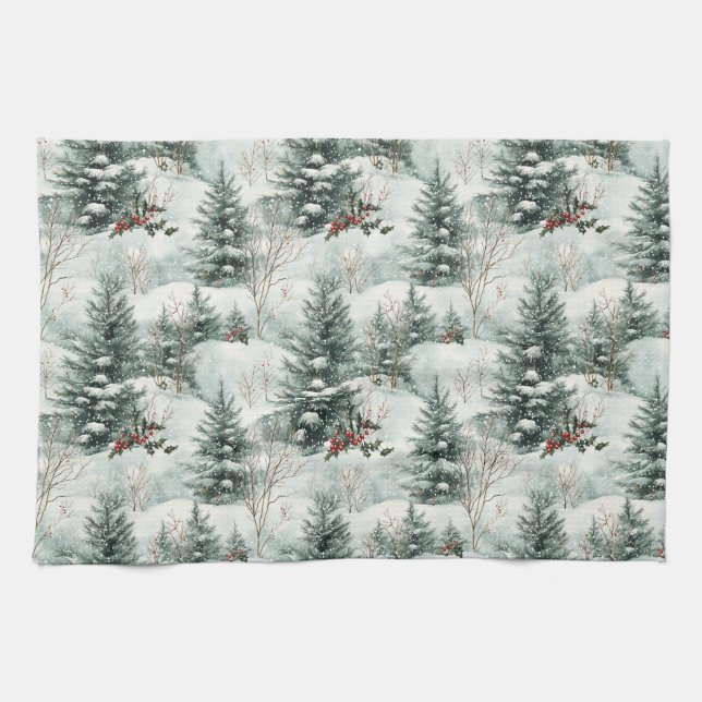 Paño De Cocina Patrón de navidades con bosques y pinos nevados (Horizontal)