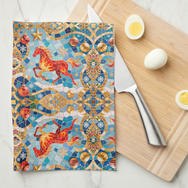 Paño De Cocina Patrón de Navidades de Caballos Rojos Fiery de Año (Doblado Cuarto)