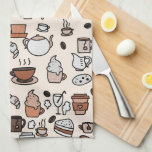 Paño De Cocina Patrón de objetos de Té y Café<br><div class="desc">Collage de café o cafetería en beige.</div>