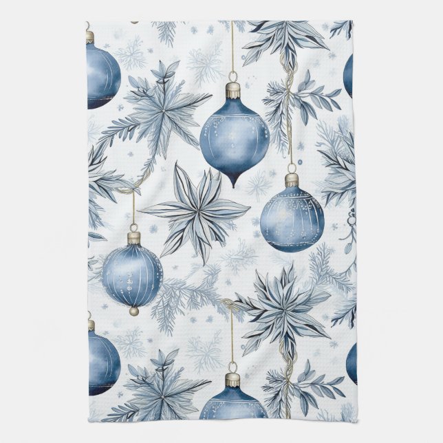 Paño De Cocina Patrón de ornamentos de árbol de Navidad azul vint (Vertical)