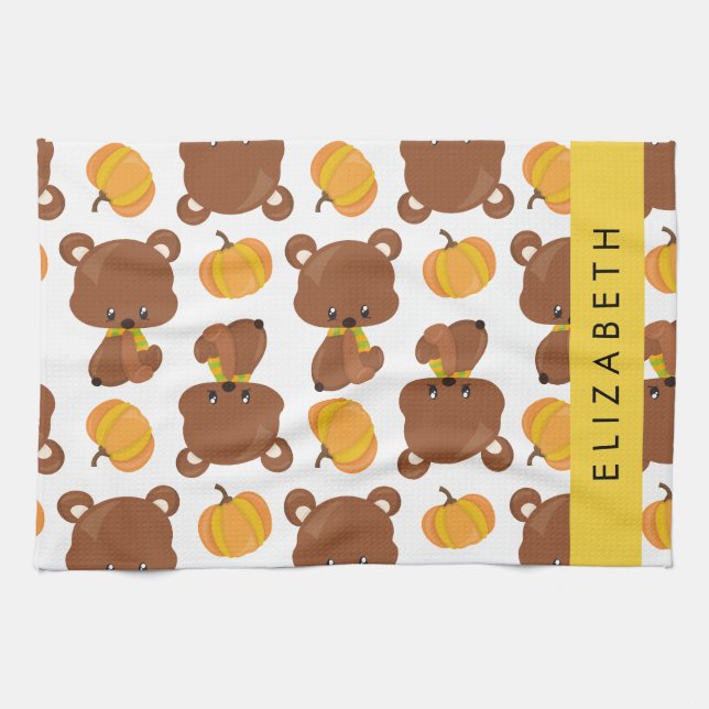Paño De Cocina Patrón De Osos, Osos Cubiertos, Calabaza, Su Nombr (Horizontal)