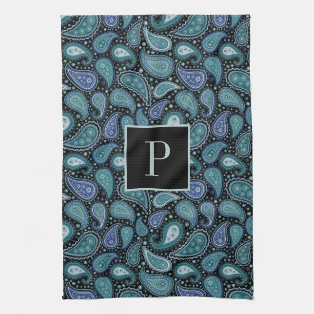 Paño De Cocina Patrón De Paisaje Azul Retro Monograma (Vertical)
