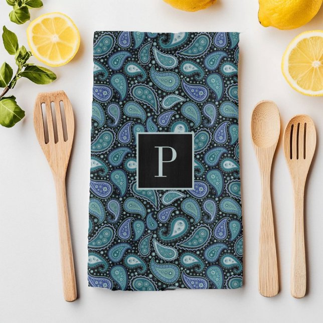 Paño De Cocina Patrón De Paisaje Azul Retro Monograma (Monogram Retro Blue Paisley Pattern Kitchen Towel)