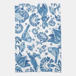 Paño De Cocina Patrón de pájaro de conejo floral azul jacobeo mod