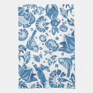 Paño De Cocina Patrón de pájaro de conejo floral azul jacobeo mod