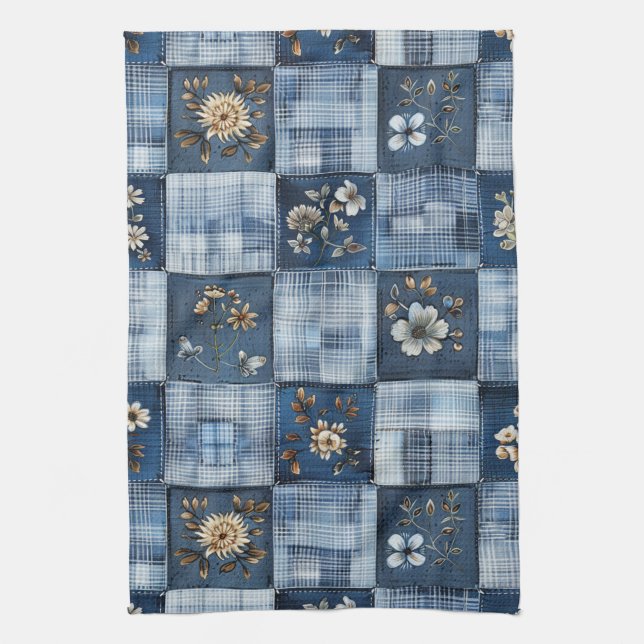 Paño De Cocina Patrón de parches florales | Denim Boho (Vertical)