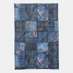 Paño De Cocina Patrón de parches florales índigo   Boho Denim