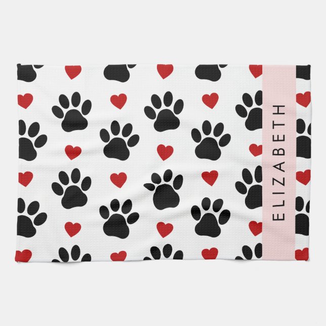 Paño De Cocina Patrón De Patas, Patas Negras, Corazones Rojos, Tu (Horizontal)