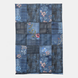 Paño De Cocina Patrón de patchwork floral índigo   Denim boho
